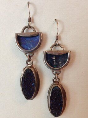 Druzy Quartz Roman Glass Earrings Sterling Silver Pierced Dangle Handcrafted